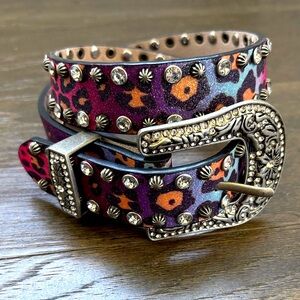 Nocona Genuine Leather Studded Leopard Print,rhinestones,removable silver buckle